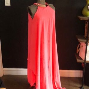 Neon pink halter dress with necklace